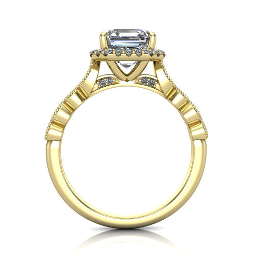Annie square emerald-cut halo engagement ring in 18K Yellow Gold, through-finger front profile showing the marquise-dot milgrain shoulders and halo from the front