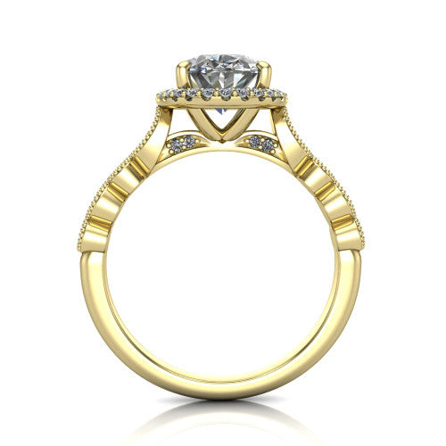 Annie oval halo engagement ring in 14K Yellow Gold, through-finger front profile showing the marquise-dot milgrain shoulders and halo from the front