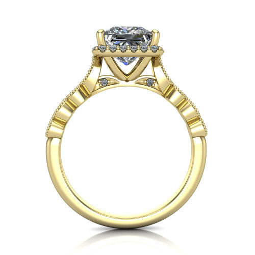 Annie princess-cut halo engagement ring in 14K Yellow Gold, through-finger front profile showing the marquise-dot milgrain shoulders and halo from the front
