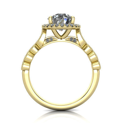 Annie round halo engagement ring in 14K Yellow Gold, through-finger front profile showing the marquise-dot milgrain shoulders and halo from the front