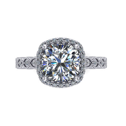 Annie cushion halo engagement ring in 18K White Gold, top-down view showing the cushion center diamond and pave halo from above