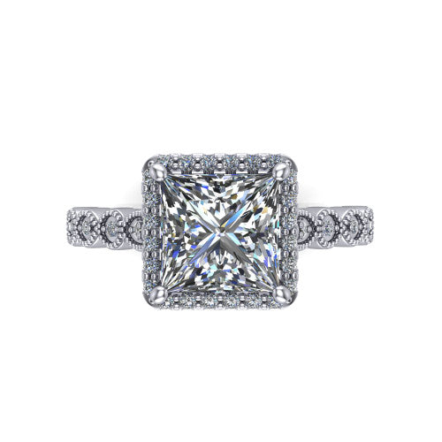 Annie princess-cut halo engagement ring in 14K White Gold, top-down view showing the princess-cut center diamond and pave halo from above
