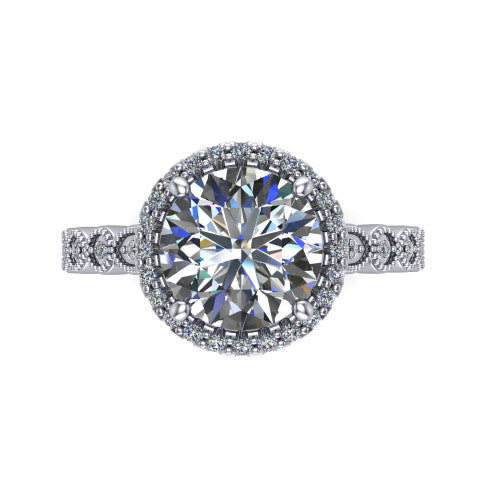 Annie round halo engagement ring in Platinum, top-down view showing the round center diamond and pave halo from above