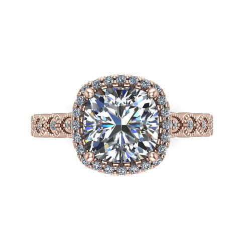 Annie cushion halo engagement ring in 18K Rose Gold, top-down view showing the cushion center diamond and pave halo from above