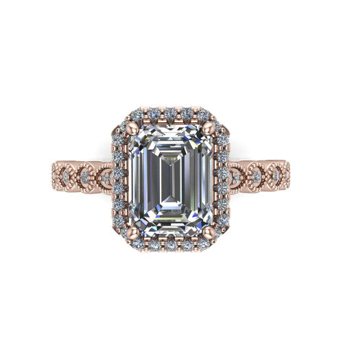 Annie emerald-cut halo engagement ring in 18K Rose Gold, top-down view showing the emerald-cut center diamond and pave halo from above