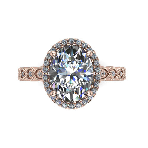 Annie oval halo engagement ring in 14K Rose Gold, top-down view showing the oval center diamond and pave halo from above