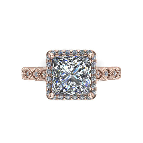 Annie princess-cut halo engagement ring in 18K Rose Gold, top-down view showing the princess-cut center diamond and pave halo from above
