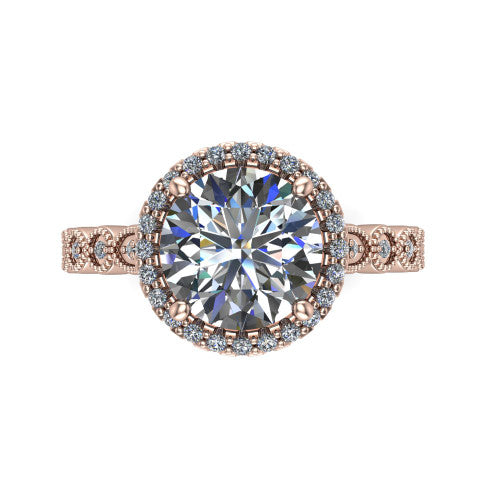 Annie round halo engagement ring in 14K Rose Gold, top-down view showing the round center diamond and pave halo from above