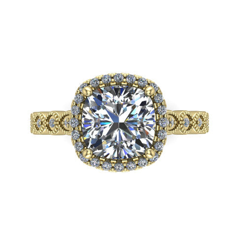 Annie cushion halo engagement ring in 18K Yellow Gold, top-down view showing the cushion center diamond and pave halo from above