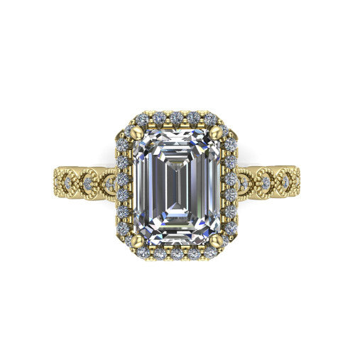 Annie emerald-cut halo engagement ring in 18K Yellow Gold, top-down view showing the emerald-cut center diamond and pave halo from above