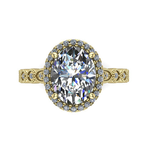 Annie oval halo engagement ring in 14K Yellow Gold, top-down view showing the oval center diamond and pave halo from above