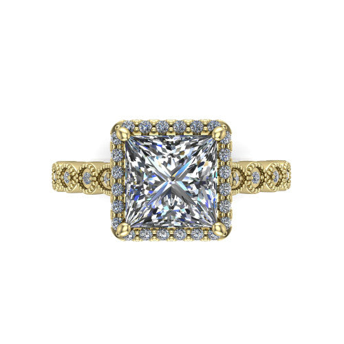 Annie princess-cut halo engagement ring in 18K Yellow Gold, top-down view showing the princess-cut center diamond and pave halo from above
