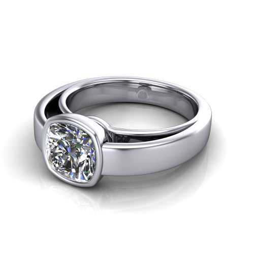 Bony cushion classic engagement ring in 18K White Gold, three-quarter perspective showing the cushion center diamond in a full bezel above a split polished band