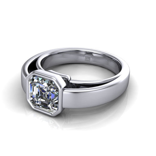 Bony square emerald-cut classic engagement ring in 14K White Gold, three-quarter perspective showing the square emerald-cut center diamond in a full bezel above a split polished band