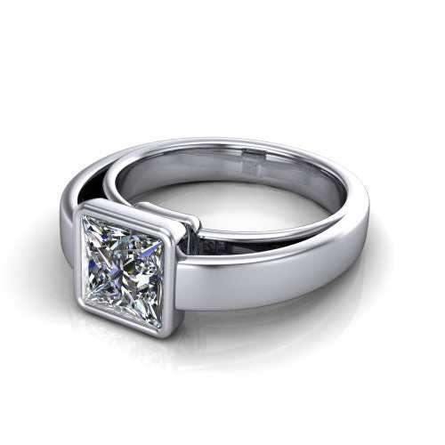 Bony princess-cut classic engagement ring in Platinum, three-quarter perspective showing the princess-cut center diamond in a full bezel above a split polished band