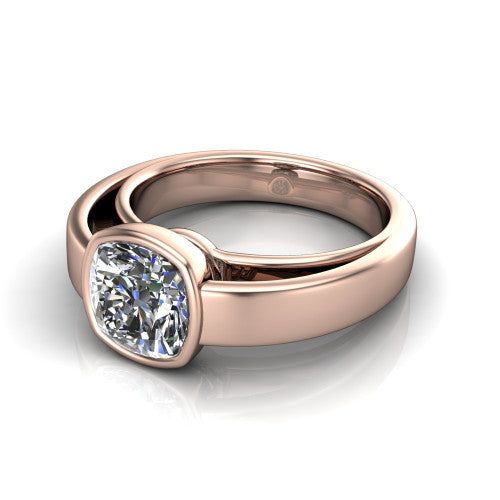 Bony cushion classic engagement ring in 14K Rose Gold, three-quarter perspective showing the cushion center diamond in a full bezel above a split polished band