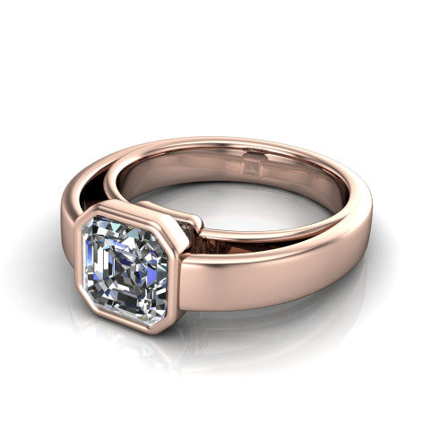 Bony square emerald-cut classic engagement ring in 14K Rose Gold, three-quarter perspective showing the square emerald-cut center diamond in a full bezel above a split polished band