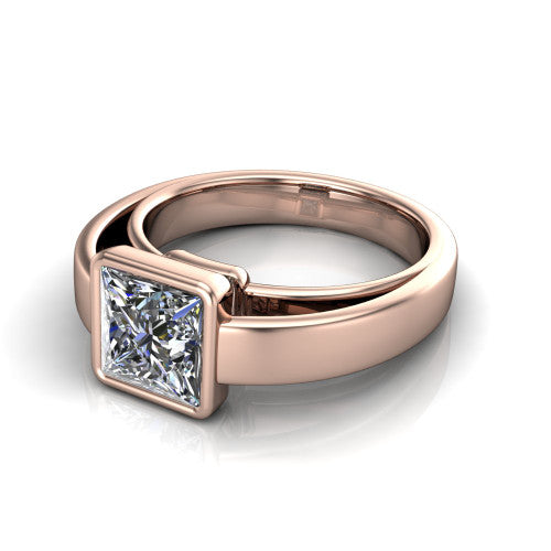 Bony princess-cut classic engagement ring in 14K Rose Gold, three-quarter perspective showing the princess-cut center diamond in a full bezel above a split polished band