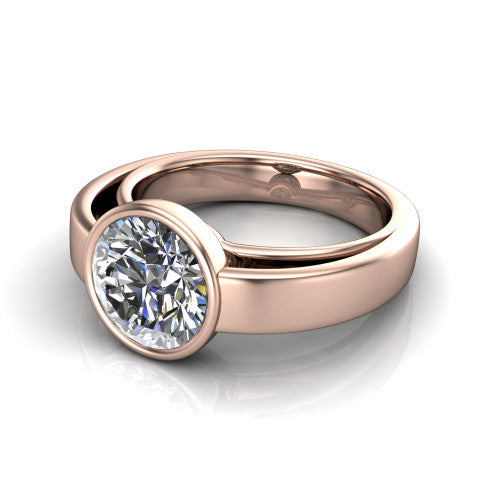Bony round classic engagement ring in 14K Rose Gold, three-quarter perspective showing the round center diamond in a full bezel above a split polished band