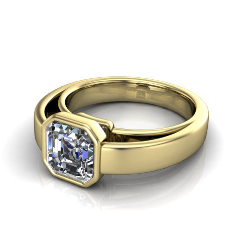 Bony square emerald-cut classic engagement ring in 14K Yellow Gold, three-quarter perspective showing the square emerald-cut center diamond in a full bezel above a split polished band