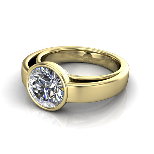 Bony round classic engagement ring in 18K Yellow Gold, three-quarter perspective showing the round center diamond in a full bezel above a split polished band