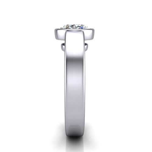 Bony oval classic engagement ring in Platinum, side profile showing the bezel setting and split rails in side view