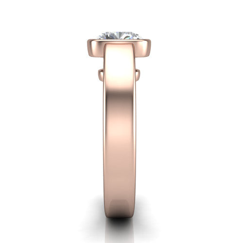 Bony cushion classic engagement ring in 18K Rose Gold, side profile showing the bezel setting and split rails in side view