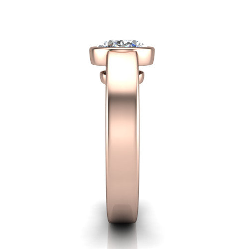 Bony oval classic engagement ring in 18K Rose Gold, side profile showing the bezel setting and split rails in side view