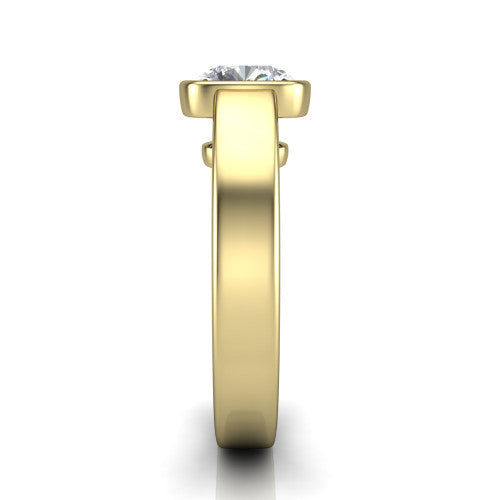 Bony cushion classic engagement ring in 14K Yellow Gold, side profile showing the bezel setting and split rails in side view