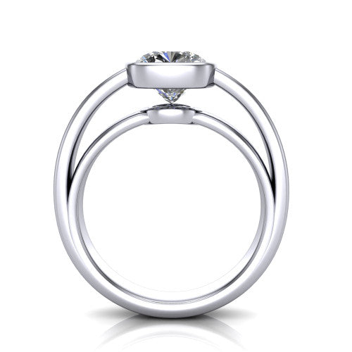Bony cushion classic engagement ring in 18K White Gold, through-finger front profile showing the bezel and split band from the front