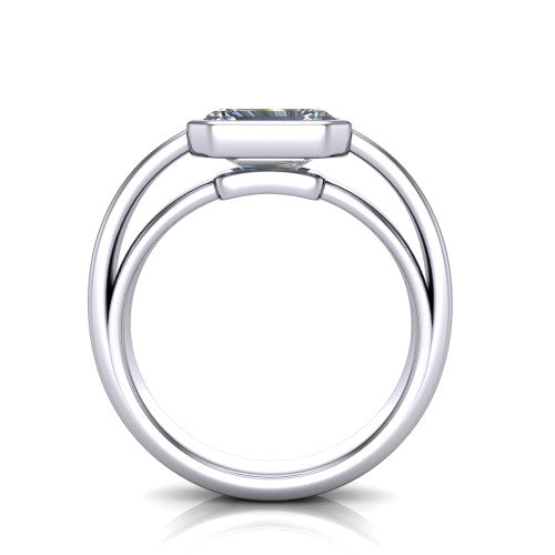 Bony emerald-cut classic engagement ring in 18K White Gold, through-finger front profile showing the bezel and split band from the front