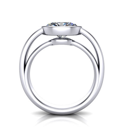 Bony oval classic engagement ring in 18K White Gold, through-finger front profile showing the bezel and split band from the front