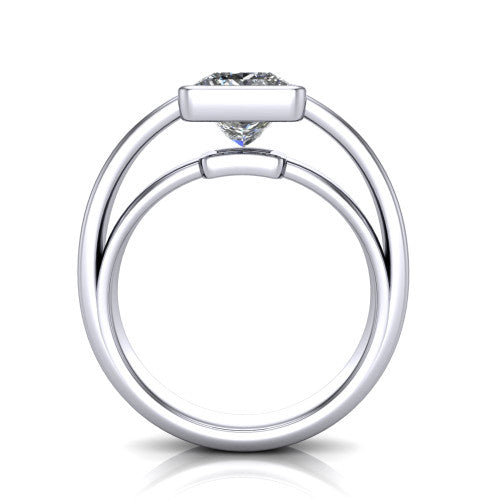 Bony princess-cut classic engagement ring in 14K White Gold, through-finger front profile showing the bezel and split band from the front