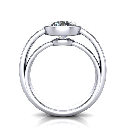 Bony round classic engagement ring in Platinum, through-finger front profile showing the bezel and split band from the front
