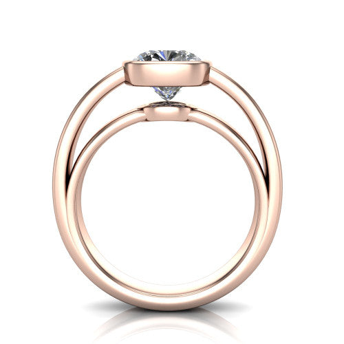 Bony cushion classic engagement ring in 18K Rose Gold, through-finger front profile showing the bezel and split band from the front