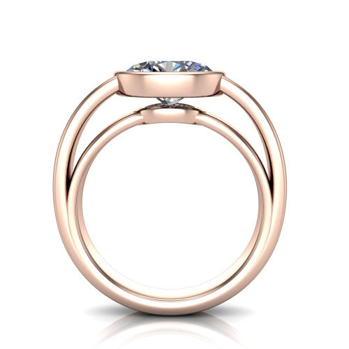 Bony oval classic engagement ring in 18K Rose Gold, through-finger front profile showing the bezel and split band from the front