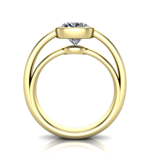 Bony cushion classic engagement ring in 14K Yellow Gold, through-finger front profile showing the bezel and split band from the front