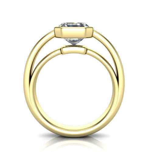 Bony square emerald-cut classic engagement ring in 14K Yellow Gold, through-finger front profile showing the bezel and split band from the front