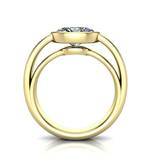 Bony oval classic engagement ring in 14K Yellow Gold, through-finger front profile showing the bezel and split band from the front