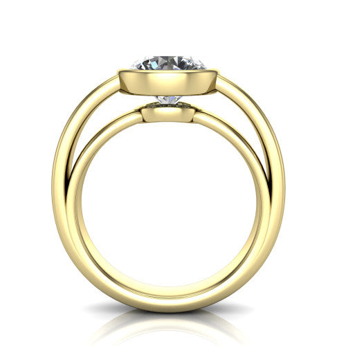 Bony round classic engagement ring in 18K Yellow Gold, through-finger front profile showing the bezel and split band from the front