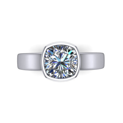 Bony cushion classic engagement ring in Platinum, top-down view showing the cushion center diamond framed by the full bezel from above