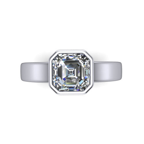 Bony square emerald-cut classic engagement ring in 14K White Gold, top-down view showing the square emerald-cut center diamond framed by the full bezel from above