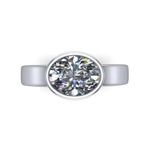 Bony oval classic engagement ring in Platinum, top-down view showing the oval center diamond framed by the full bezel from above