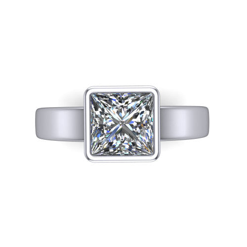 Bony princess-cut classic engagement ring in 14K White Gold, top-down view showing the princess-cut center diamond framed by the full bezel from above