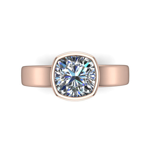 Bony cushion classic engagement ring in 14K Rose Gold, top-down view showing the cushion center diamond framed by the full bezel from above