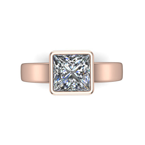 Bony princess-cut classic engagement ring in 14K Rose Gold, top-down view showing the princess-cut center diamond framed by the full bezel from above