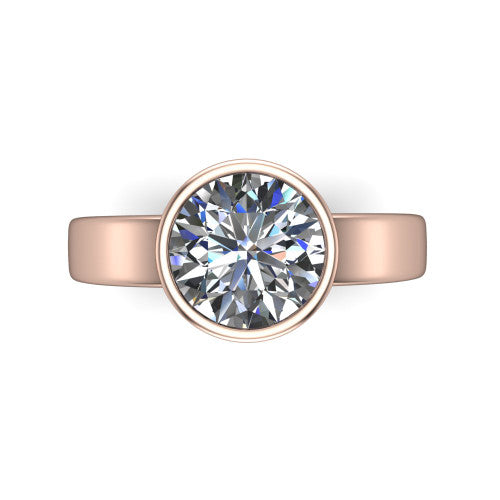 Bony round classic engagement ring in 14K Rose Gold, top-down view showing the round center diamond framed by the full bezel from above