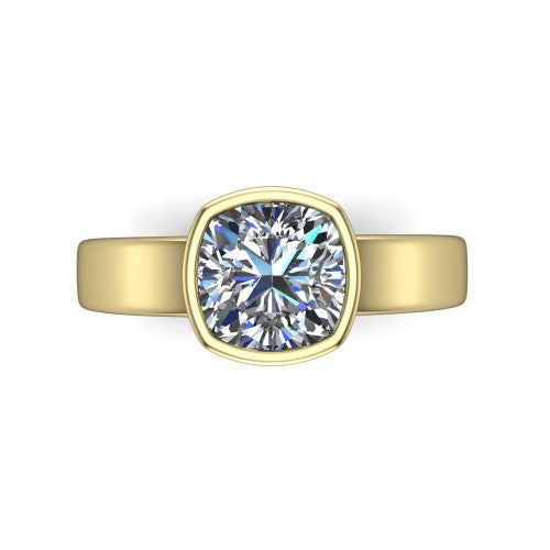 Bony cushion classic engagement ring in 14K Yellow Gold, top-down view showing the cushion center diamond framed by the full bezel from above