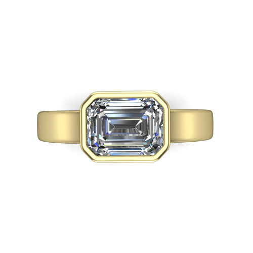 Bony emerald-cut classic engagement ring in 18K Yellow Gold, top-down view showing the emerald-cut center diamond framed by the full bezel from above