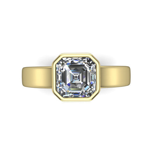 Bony square emerald-cut classic engagement ring in 14K Yellow Gold, top-down view showing the square emerald-cut center diamond framed by the full bezel from above